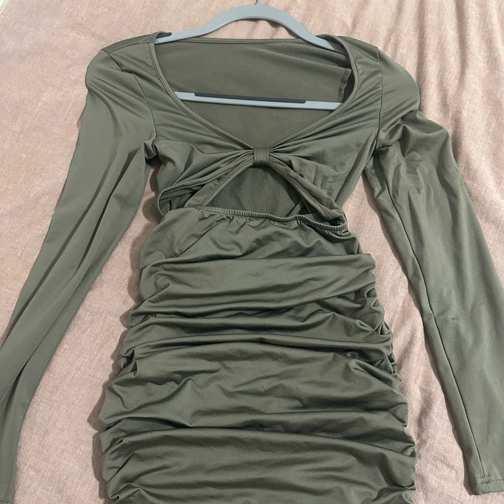 Olive Green Long Sleeve Ruched Dress